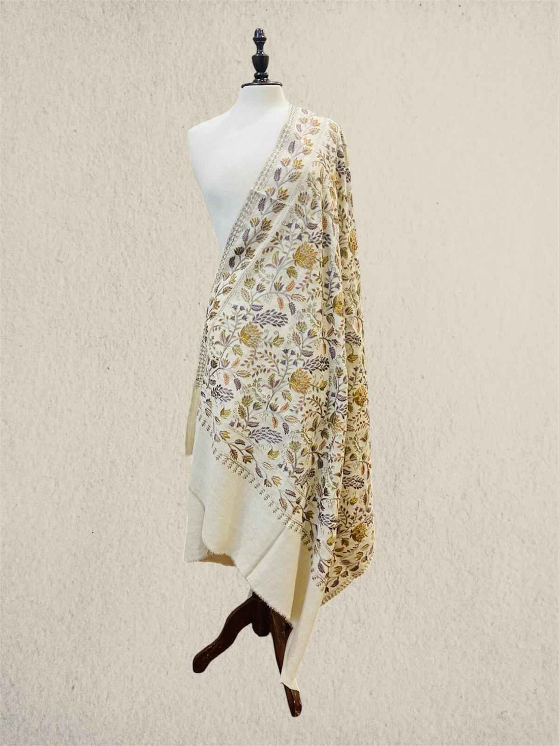 Luxury Champagne Gold  Pashmina Shawl with Multicolor Silk Thread Machine Embroidery