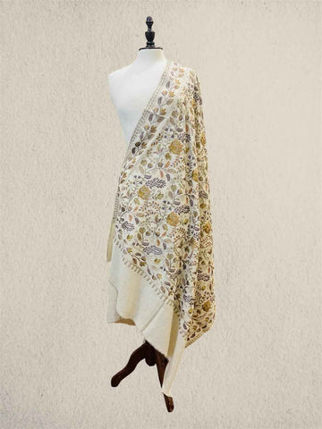 Luxury Champagne Gold  Pashmina Shawl with Multicolor Silk Thread Machine Embroidery