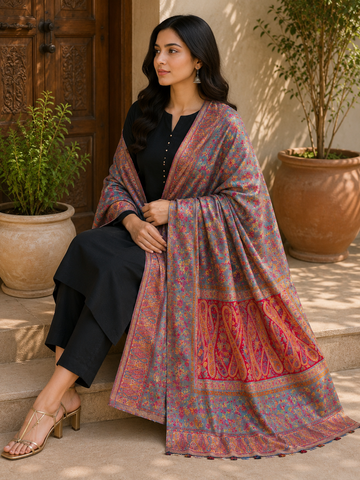Luxury Handloom Kani Silk Dupatta – Authentic Kashmiri Floral Heritage Woven Dupatta