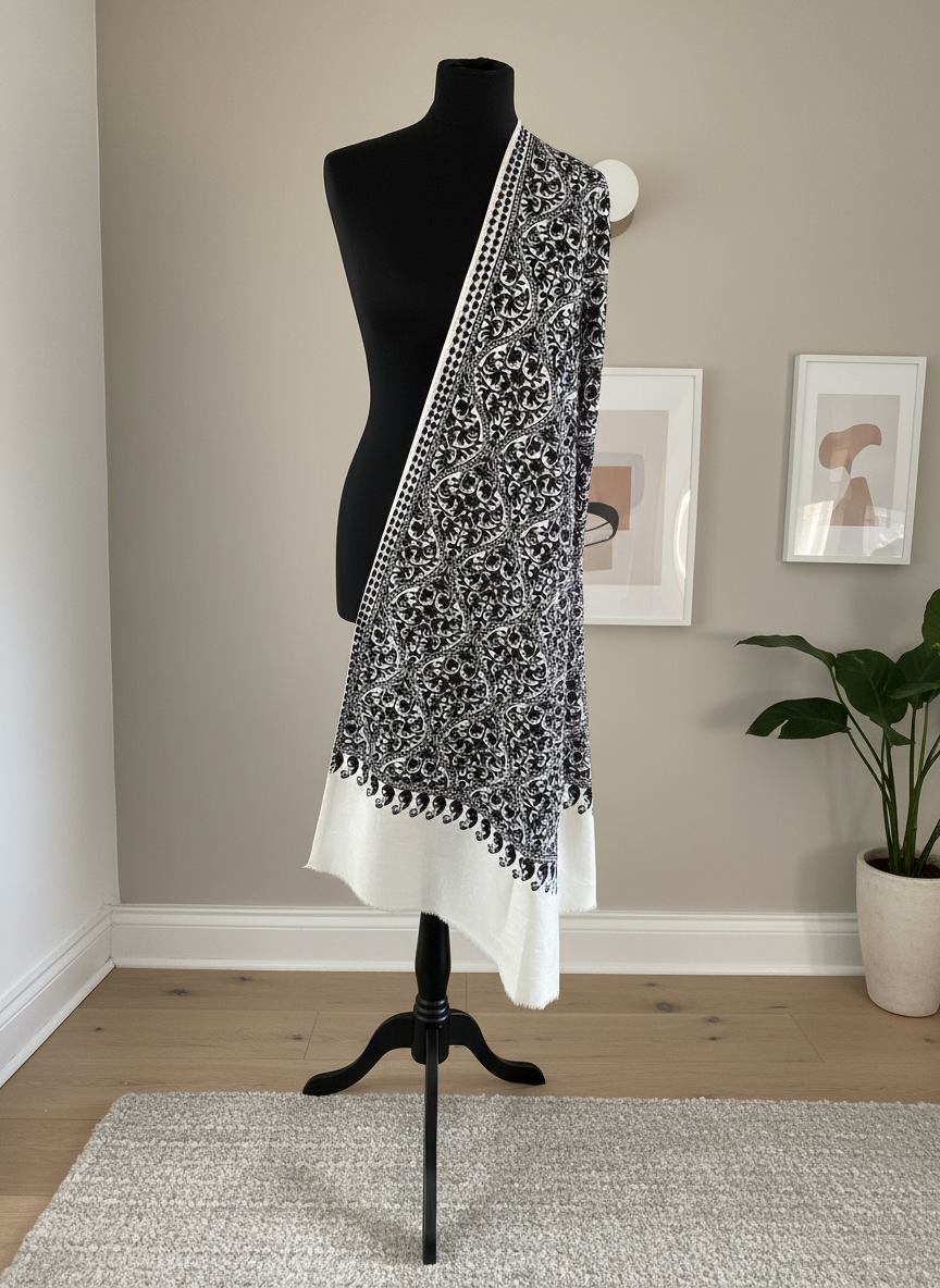 Elegant Matka Design Machine Aari Embroidery Pashmina Stole - LoomFable