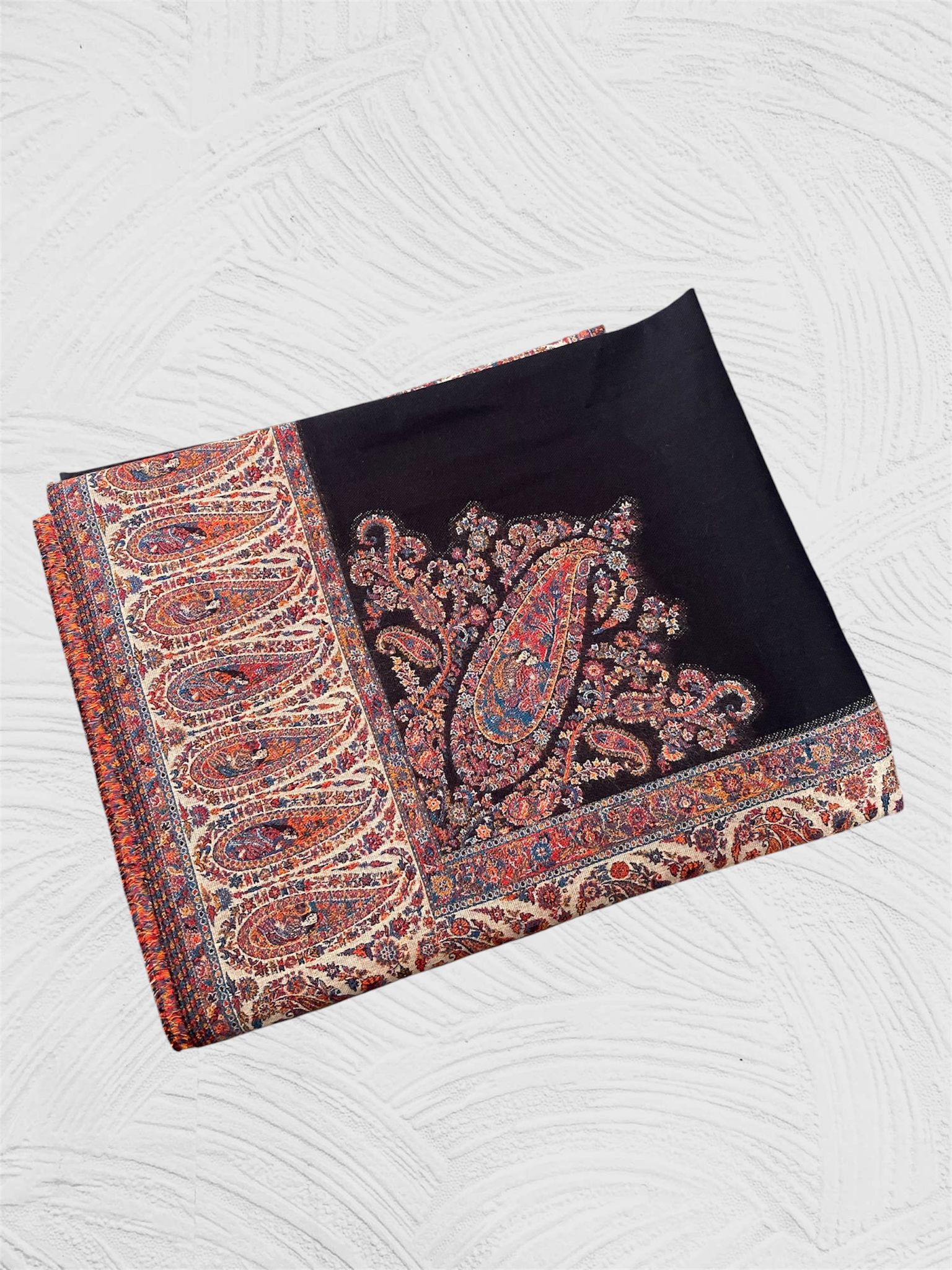 Kani Midnight Black Pasiley Border Shawl on Toosh Pashmina - LoomFable