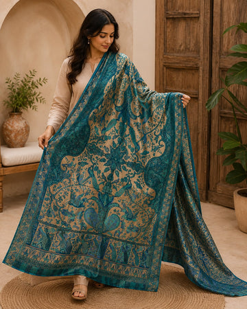 Luxury Kashmiri Kani Silk Dupatta – Turquoise Heritage Bloom HandLoom