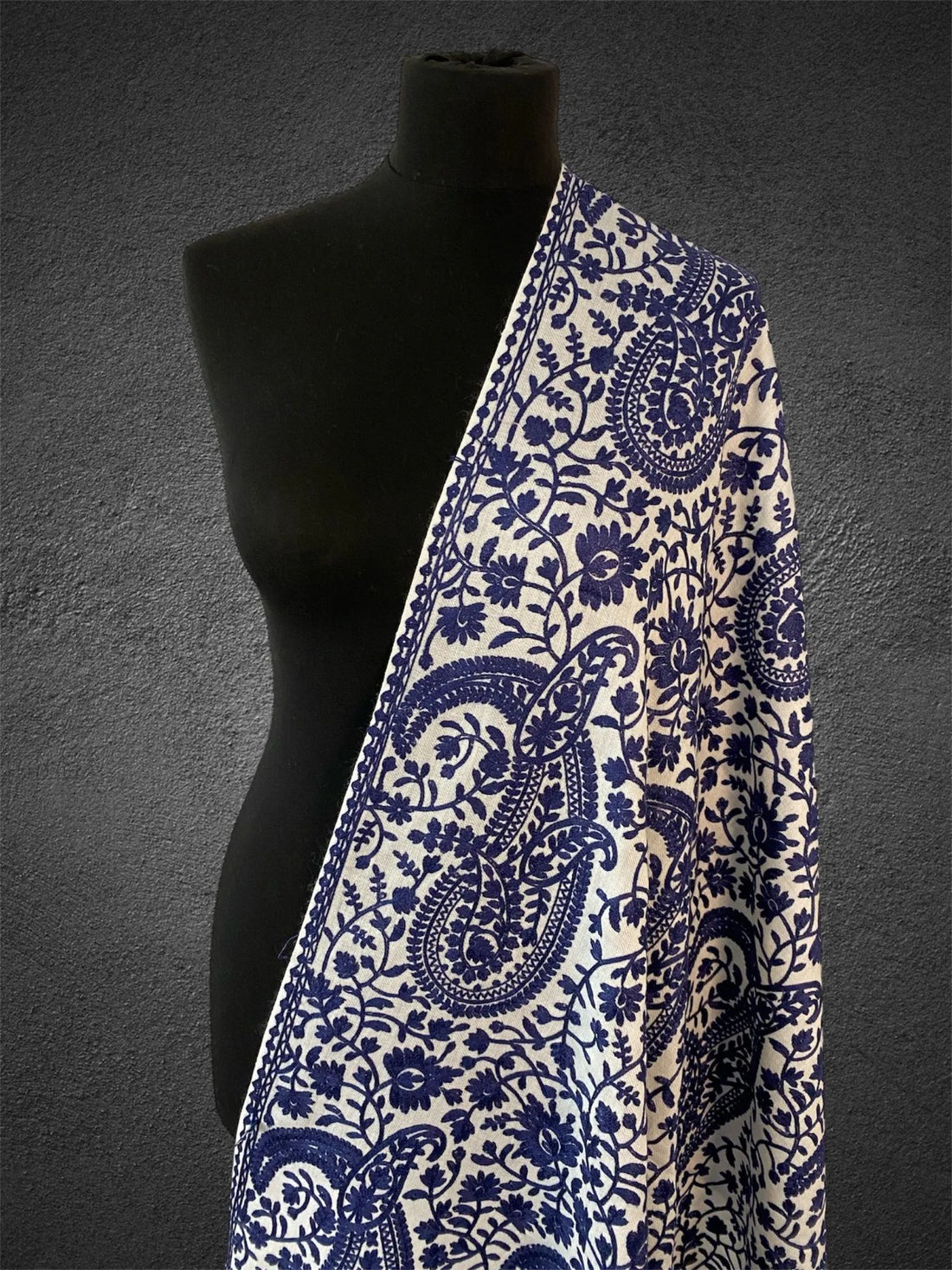 Ivory & Cobalt Paisley Stole | Bold Aari Machine Embroidery - LoomFable