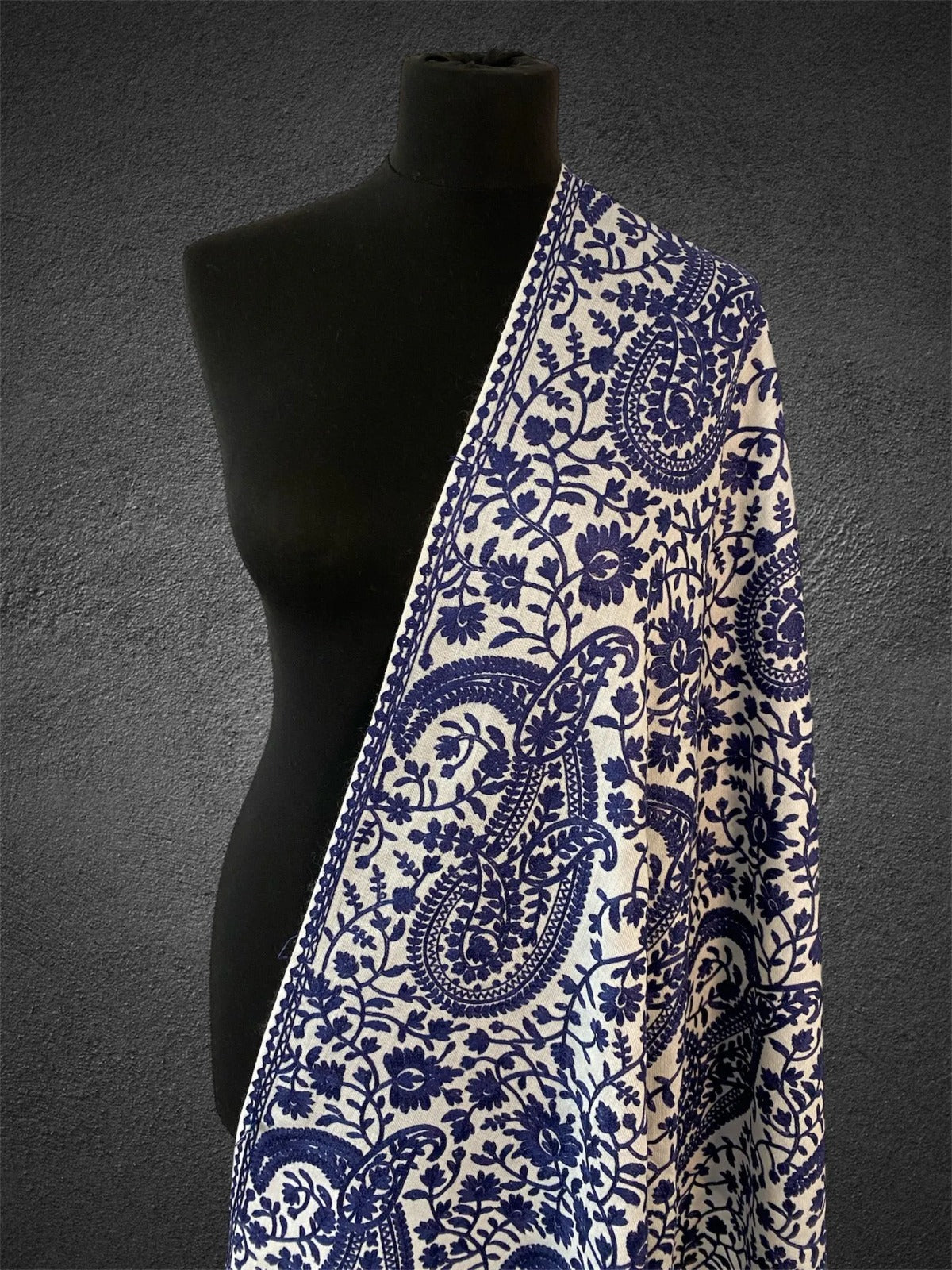 Ivory & Cobalt Paisley Stole | Bold Aari Machine Embroidery - LoomFable