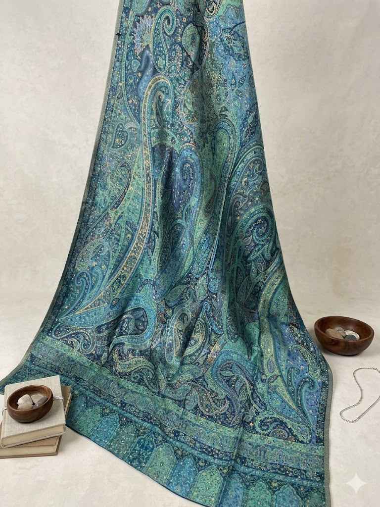 Luxury Emerald Moonlight Kani Silk Dupatta | Handloom Woven Heirloom