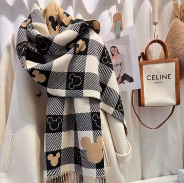 Cozy Wool Cashmere Checkered Scarf – Black & Beige Mickey Pattern Winter Scarfs - LoomFable
