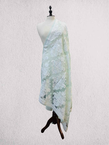 Royal Mint Green & White Sheer Organza Dupatta with Kashmiri Aari Embroidery