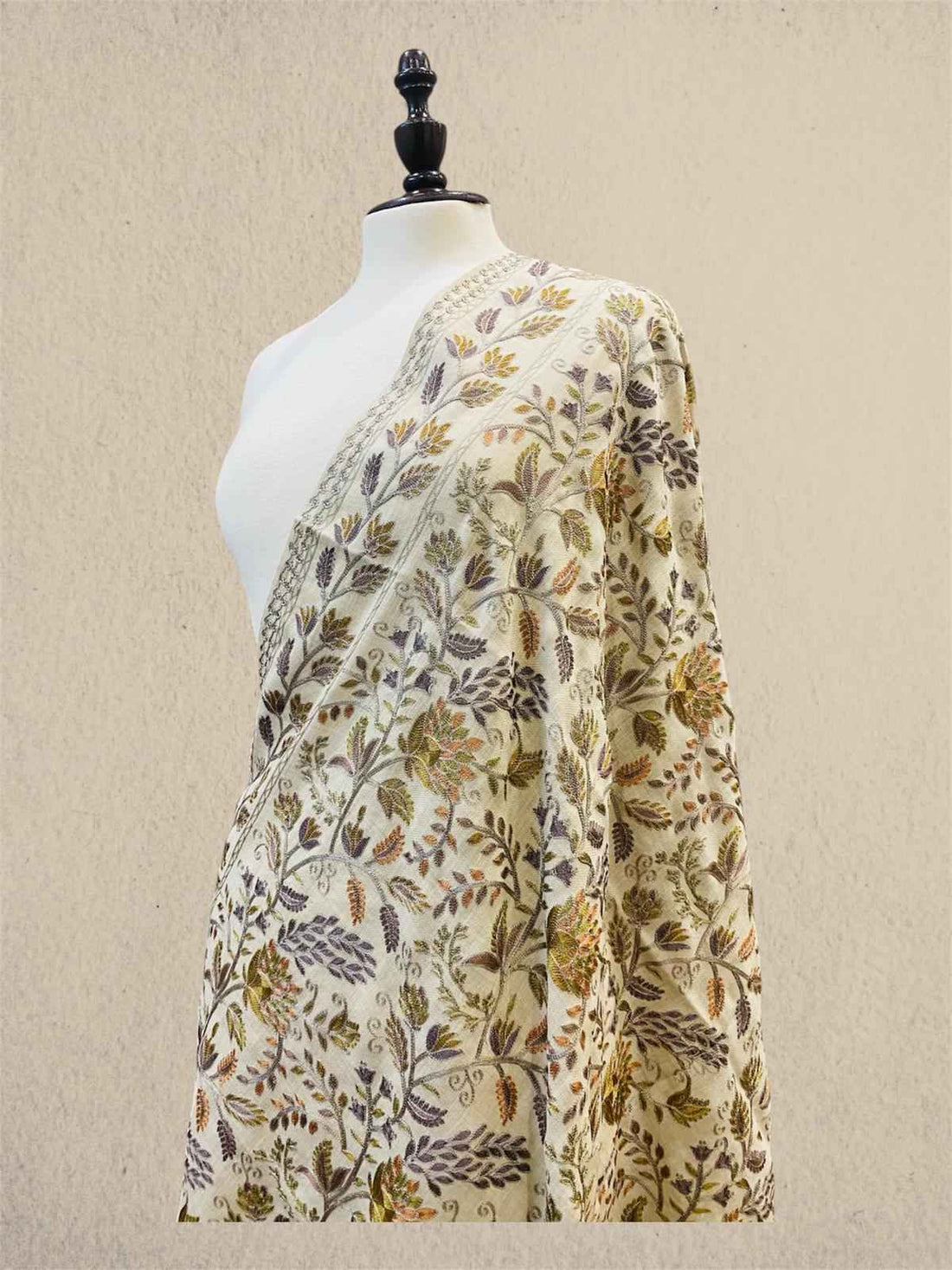 Luxury Champagne Gold  Pashmina Shawl with Multicolor Silk Thread Machine Embroidery