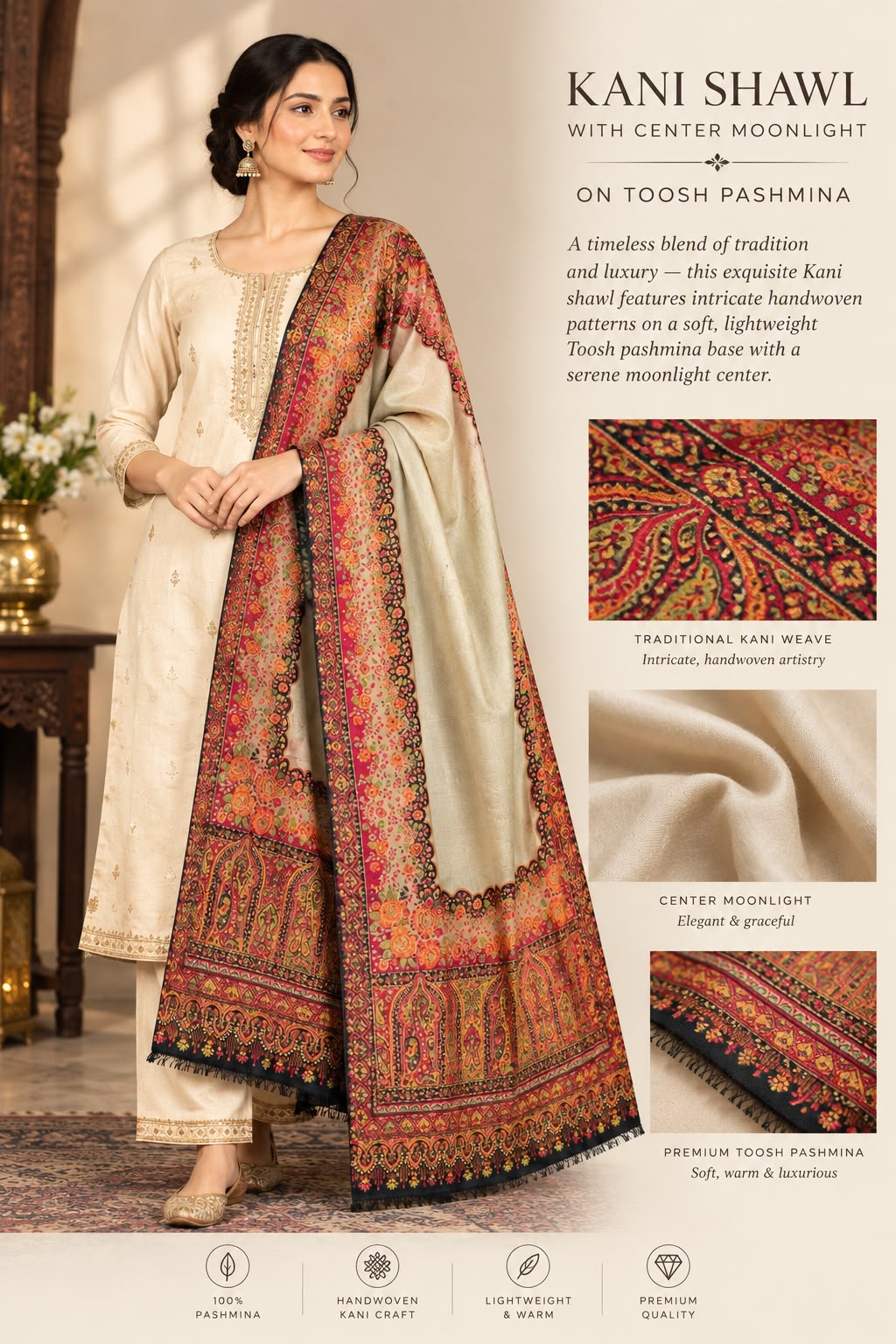 Premium Kani Shawl on Toosh Pashmina – Centre Moonlight | Handwoven