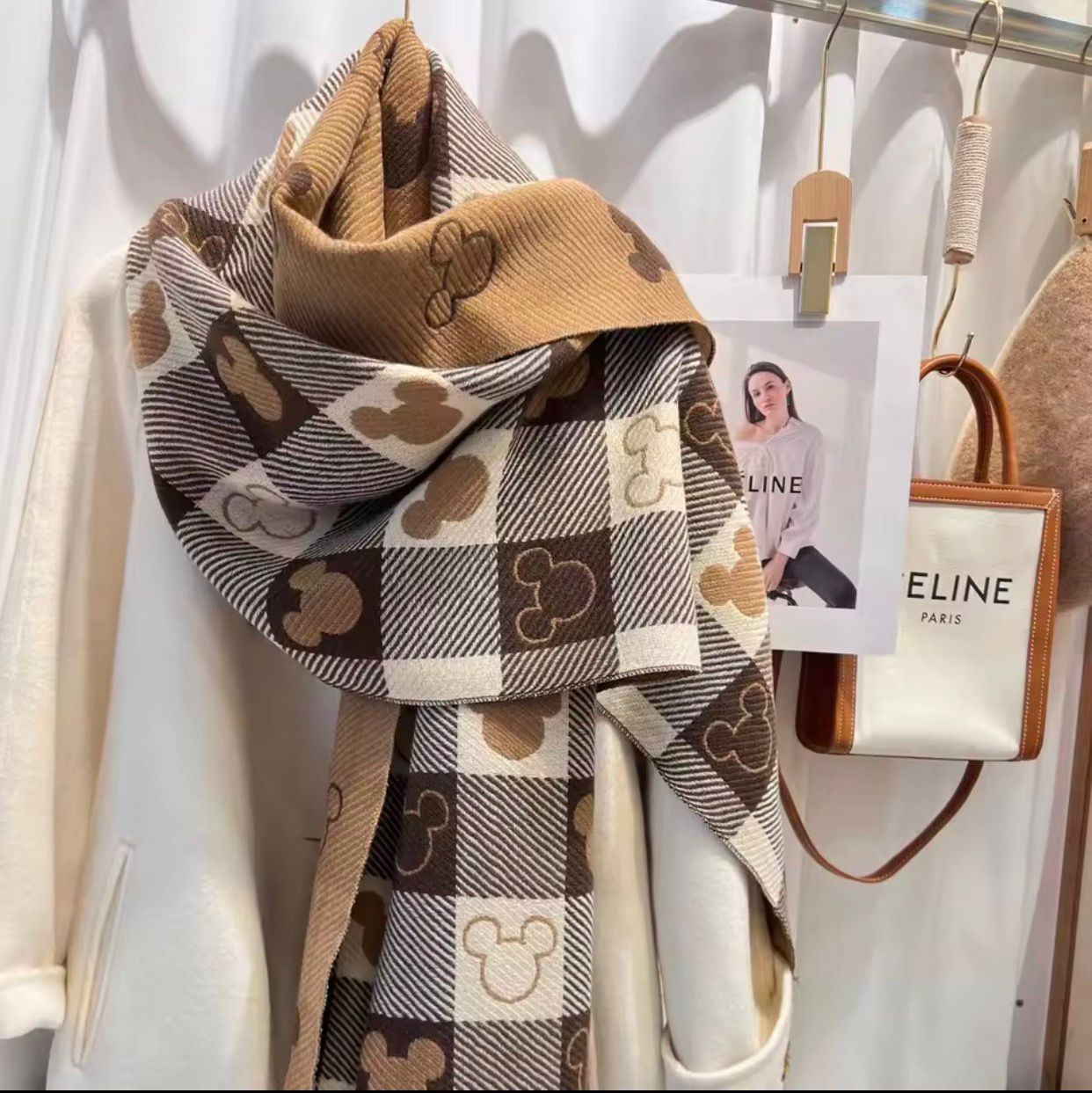 Cozy Wool Cashmere Checkered Scarf – Brown & Beige Mickey Pattern Winter Scarfs - LoomFable
