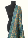 Luxury Kani Silk Dupatta Teal & Gold Moonlight - LoomFable