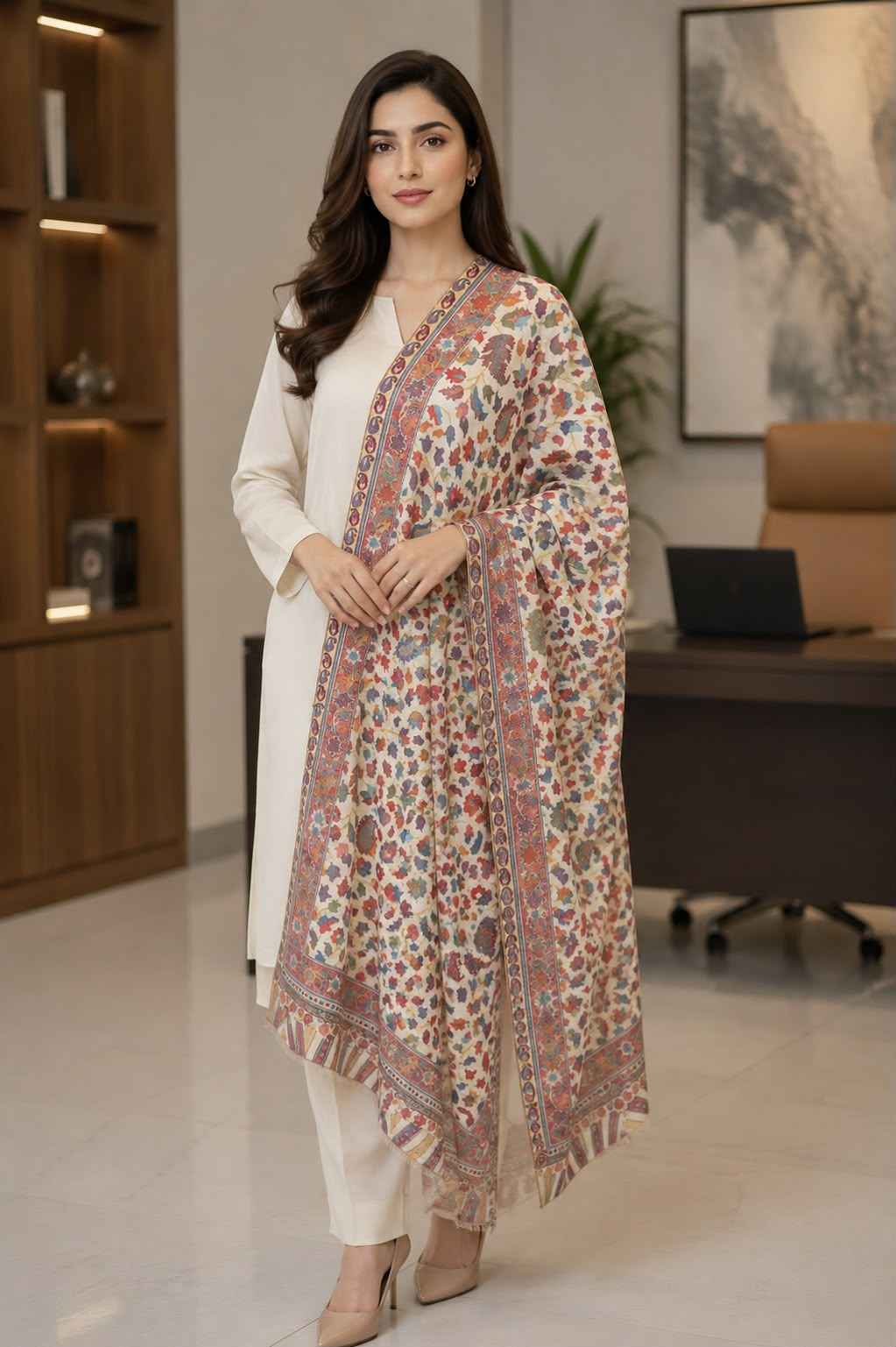 Ivory Kani Stole Multicolour Floral & Paisley Design "Handwoven"
