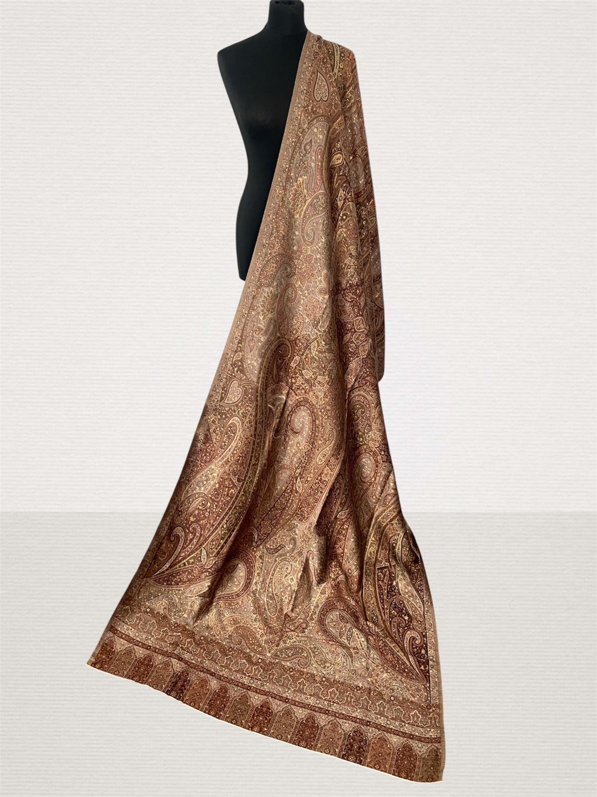Chocolate & Cream Kani Silk Dupatta – Paisley Jaal Handwoven Silk Wrap - LoomFable