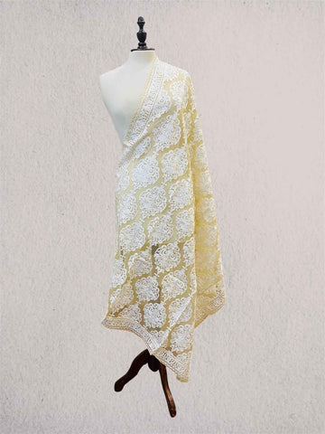 Royal Beige & White Sheer Organza Dupatta with Kashmiri Aari Embroidery