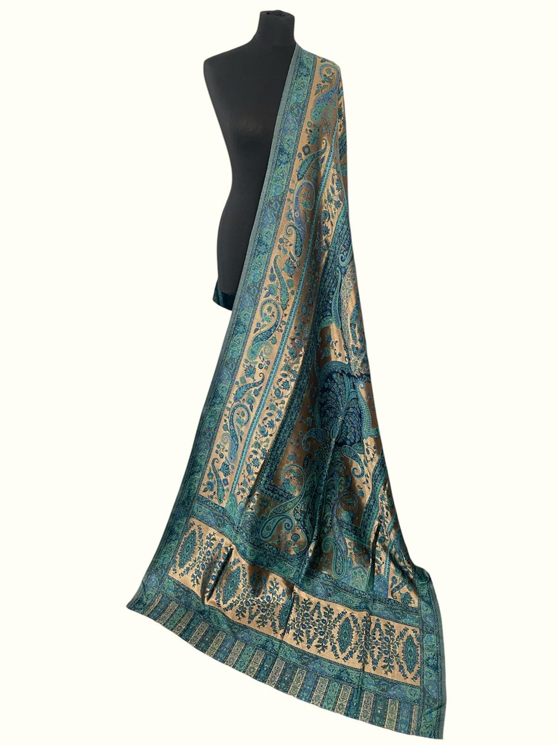 Luxury Kani Silk Dupatta Teal & Gold Moonlight - LoomFable