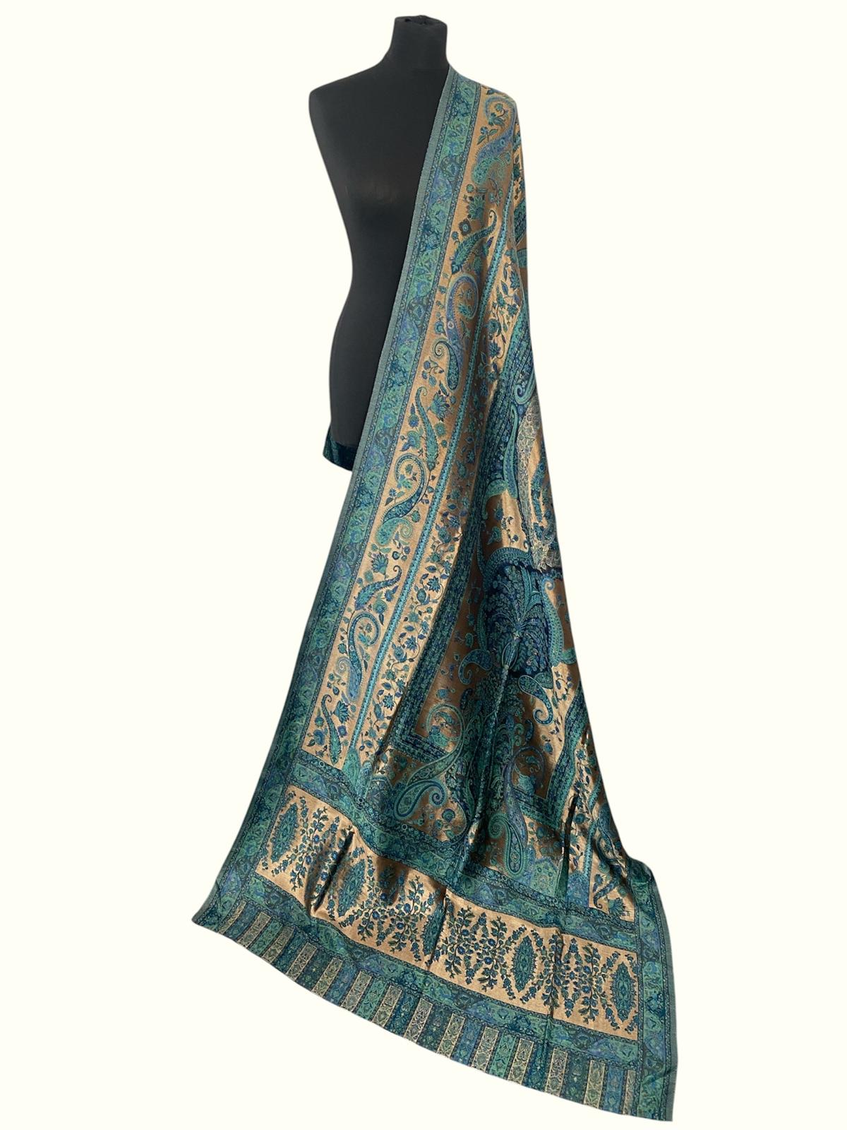 Luxury Kani Silk Dupatta Teal & Gold Moonlight - LoomFable