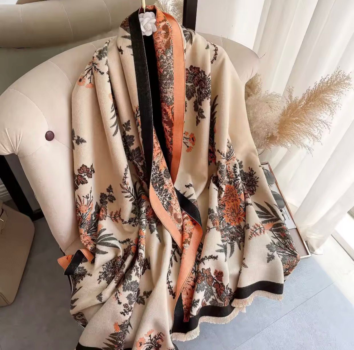 Luxury Floral Cashmere Warm Scarf – Woven Tatting Design Winter Scarf - LoomFable