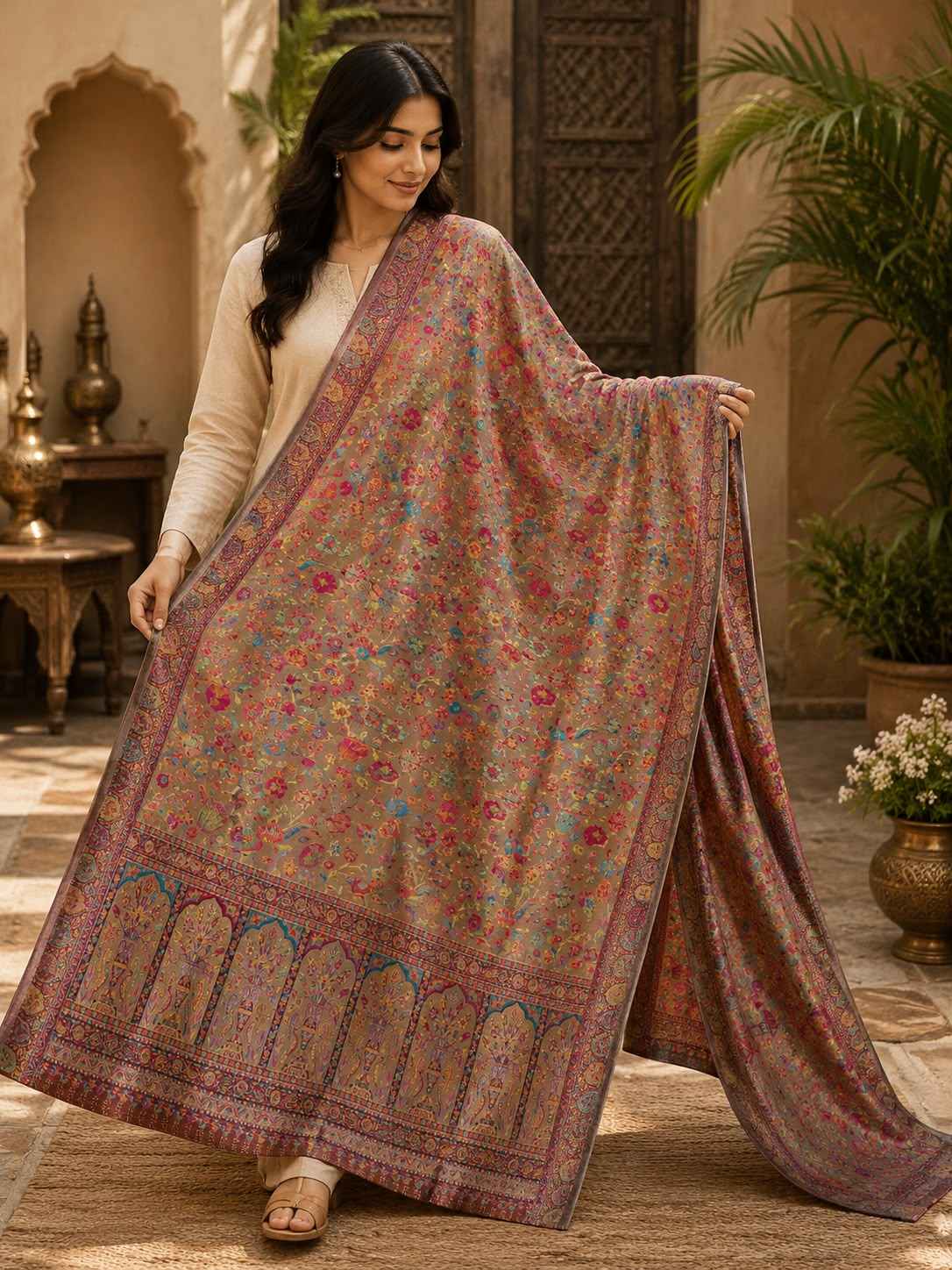 Luxury Kashmiri Kani Silk Dupatta – Rose Garden Heritage Handloom