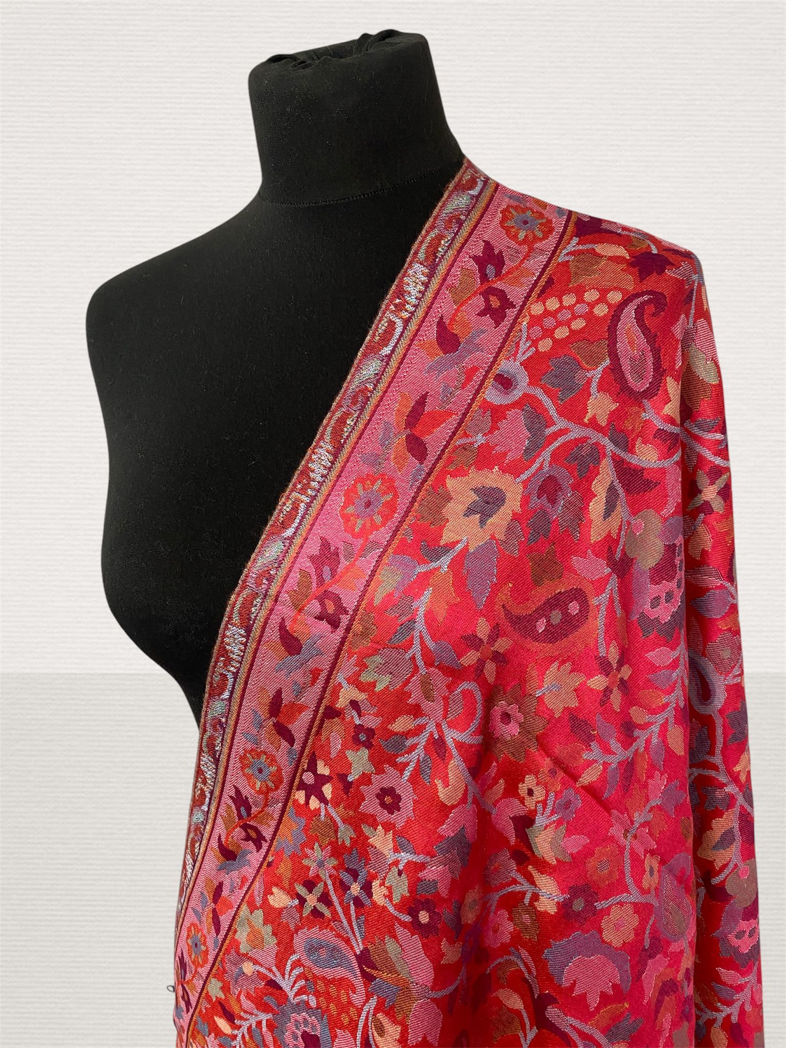 Crimson Red Kani Handloom Stole – Vibrant Floral Jaal Pashmina Wrap - LoomFable