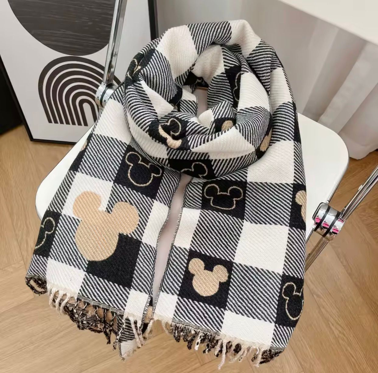 Cozy Wool Cashmere Checkered Scarf – Black & Beige Mickey Pattern Winter Scarfs - LoomFable