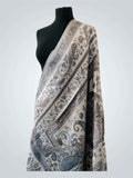 Luxury Ivory White with Grey Paisley Design Kashmiri Kani Silk Dupatta Handwoven