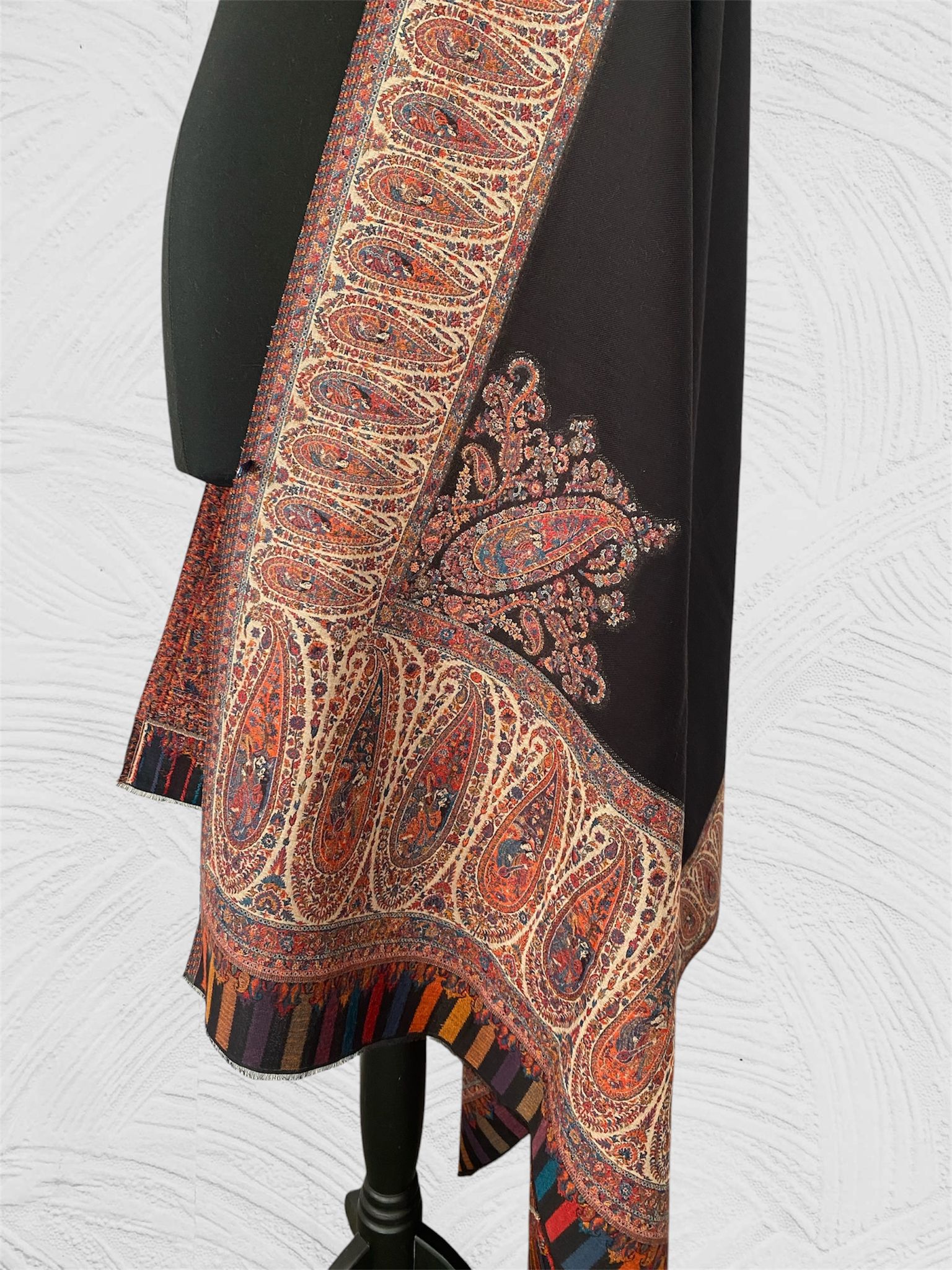 Kani Midnight Black Pasiley Border Shawl on Toosh Pashmina - LoomFable