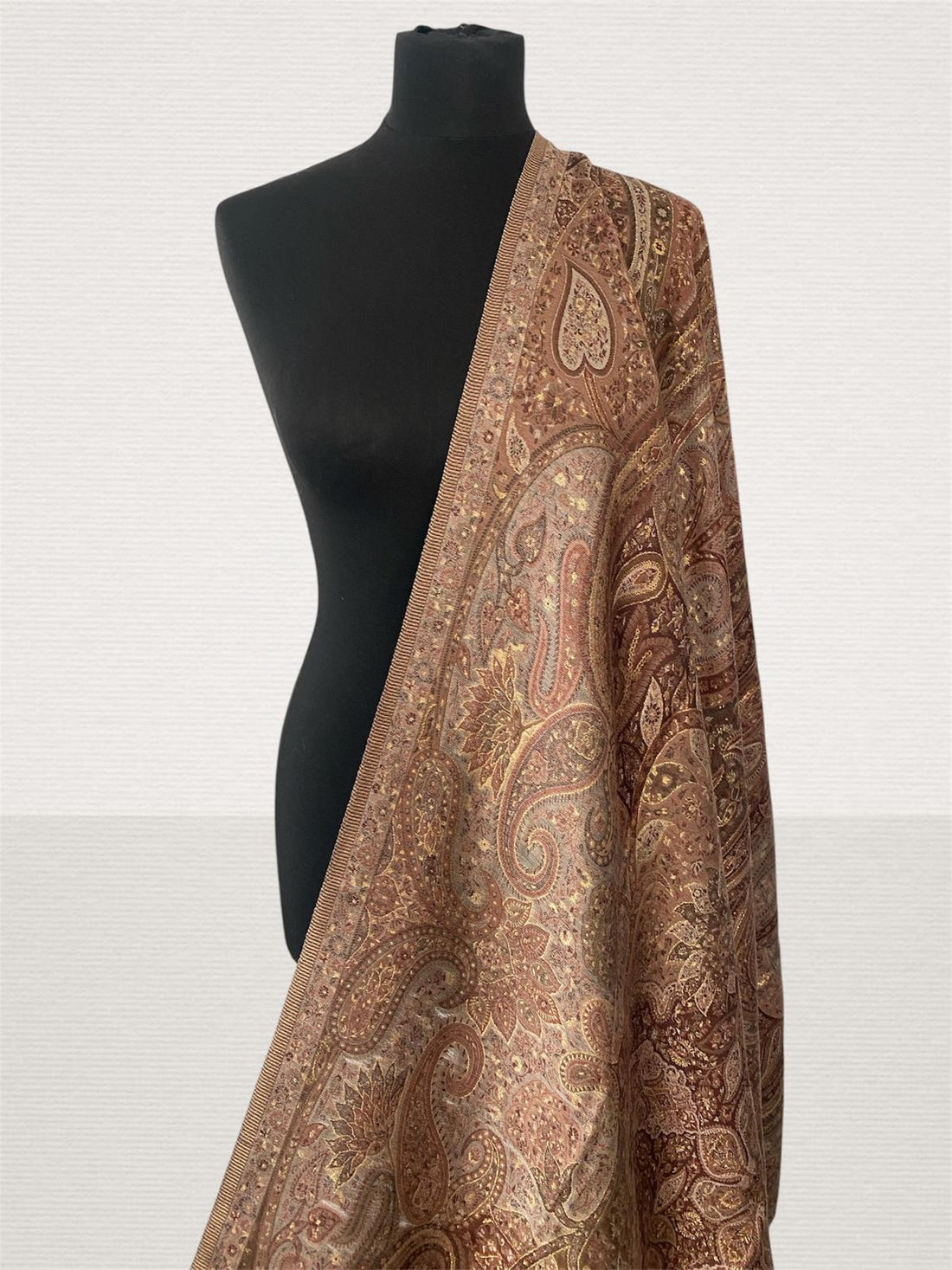 Chocolate & Cream Kani Silk Dupatta – Paisley Jaal Handwoven Silk Wrap - LoomFable