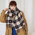 Women’s Wool Cashmere Scarf – Black & Beige Checkered Heart Pattern Winter Scarf