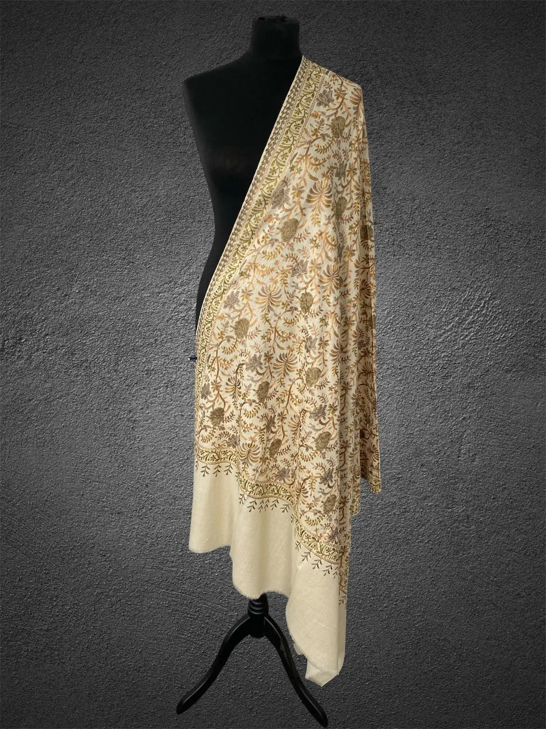 Luxury Beige Pashmina Shawl – Tonal Silk Thread Floral Machine Embroidery - LoomFable
