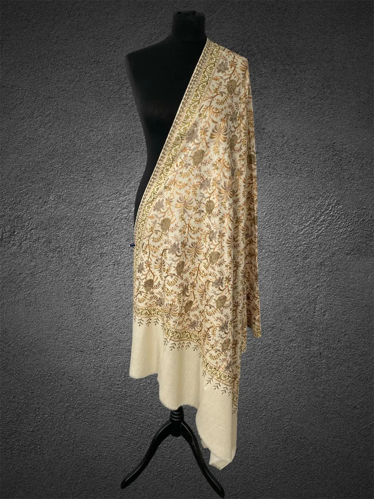 Luxury Beige Pashmina Shawl – Tonal Silk Thread Floral Machine Embroidery - LoomFable