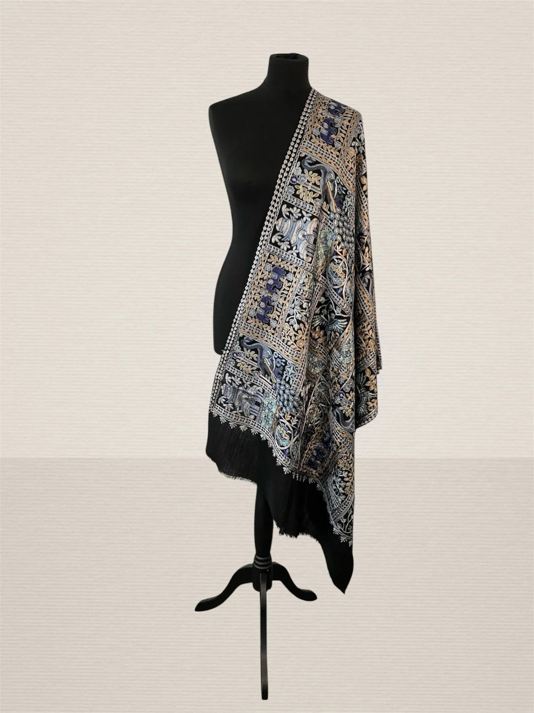 Luxury Black Silk-Embroidered Pashmina Stole | Artisan Machine Thread - LoomFable