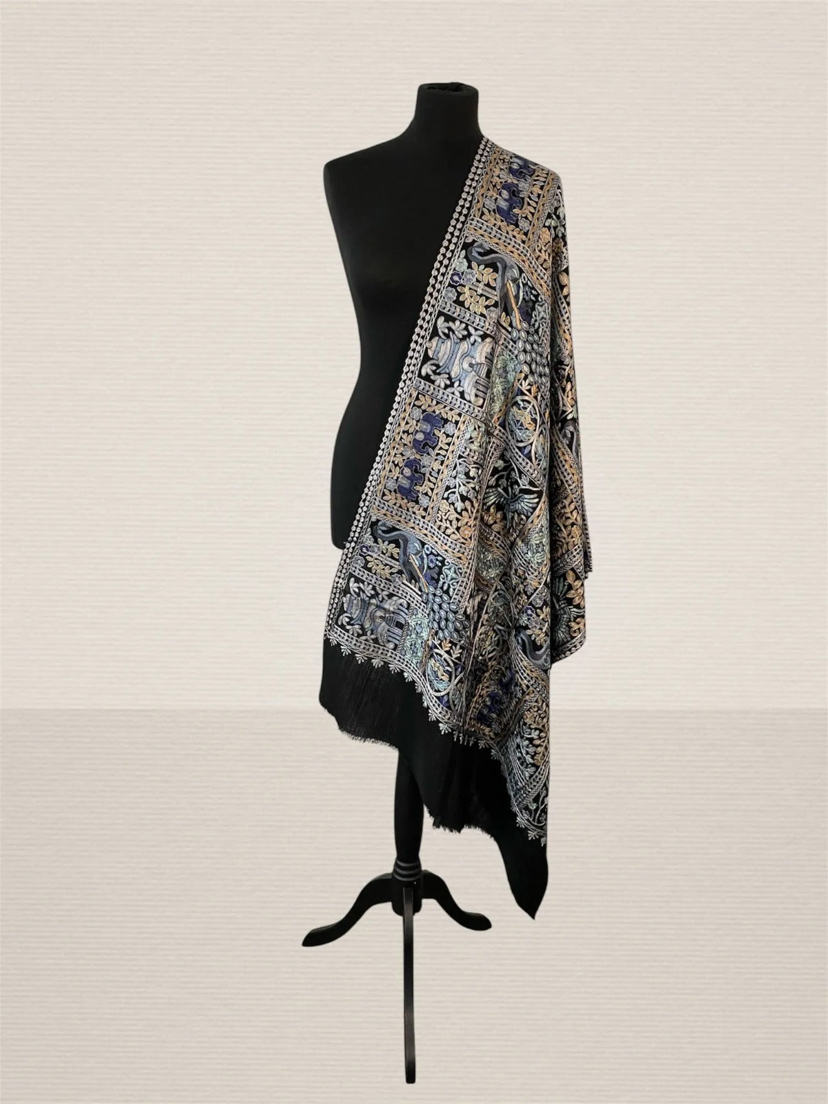 Luxury Black Silk-Embroidered Pashmina Stole | Artisan Machine Thread - LoomFable
