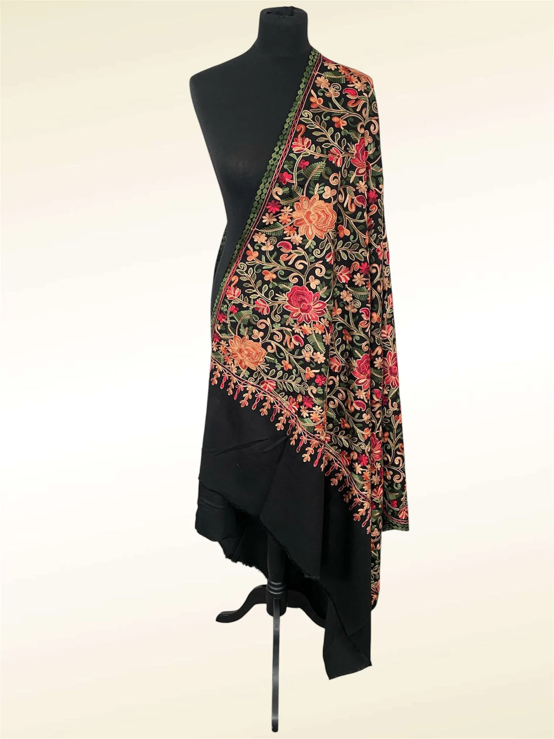Luxury Midnight Black Pashmina Shawl – Floral Aari Thread Machine Embroidery - LoomFable