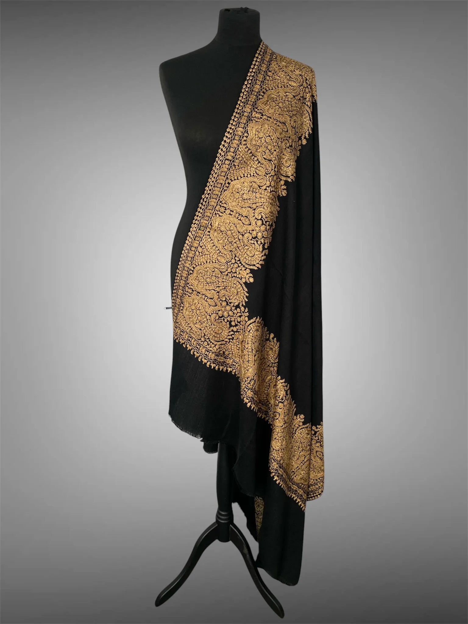 Luxury Black Pashmina Shawl – Four-Side Royal Silk Thread Embroidery - LoomFable