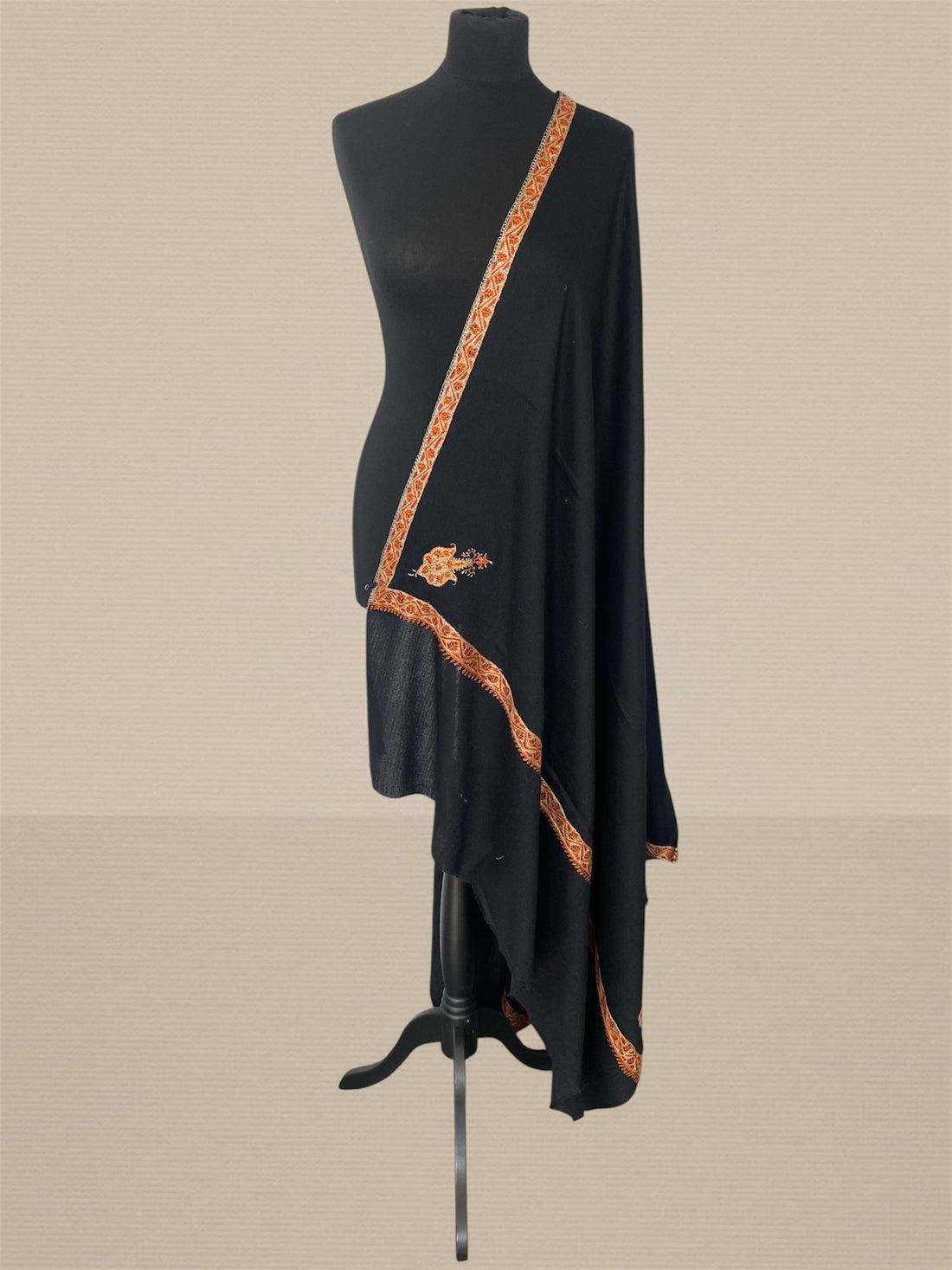 Luxury Midnight Onyx Toosh Pashmina Shawl | Hand-Needle Sozni Embroidery - LoomFable