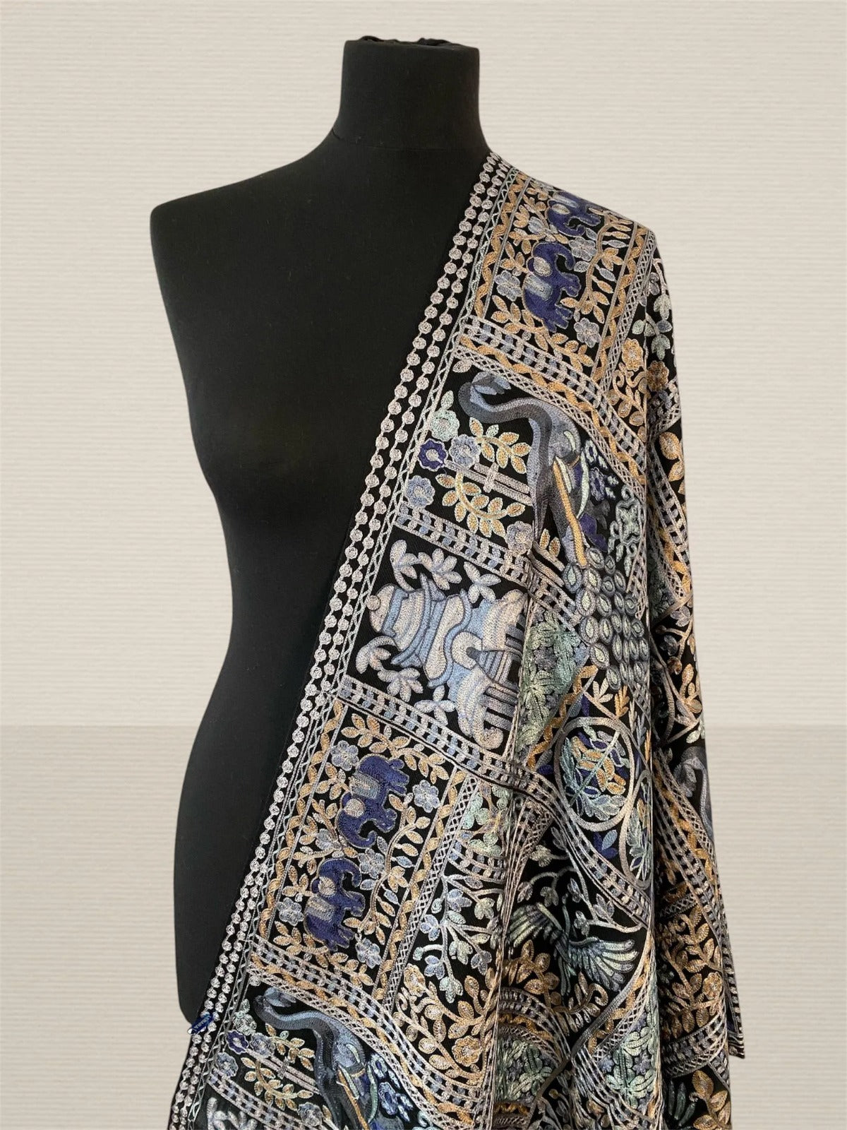 Luxury Black Silk-Embroidered Pashmina Stole | Artisan Machine Thread - LoomFable