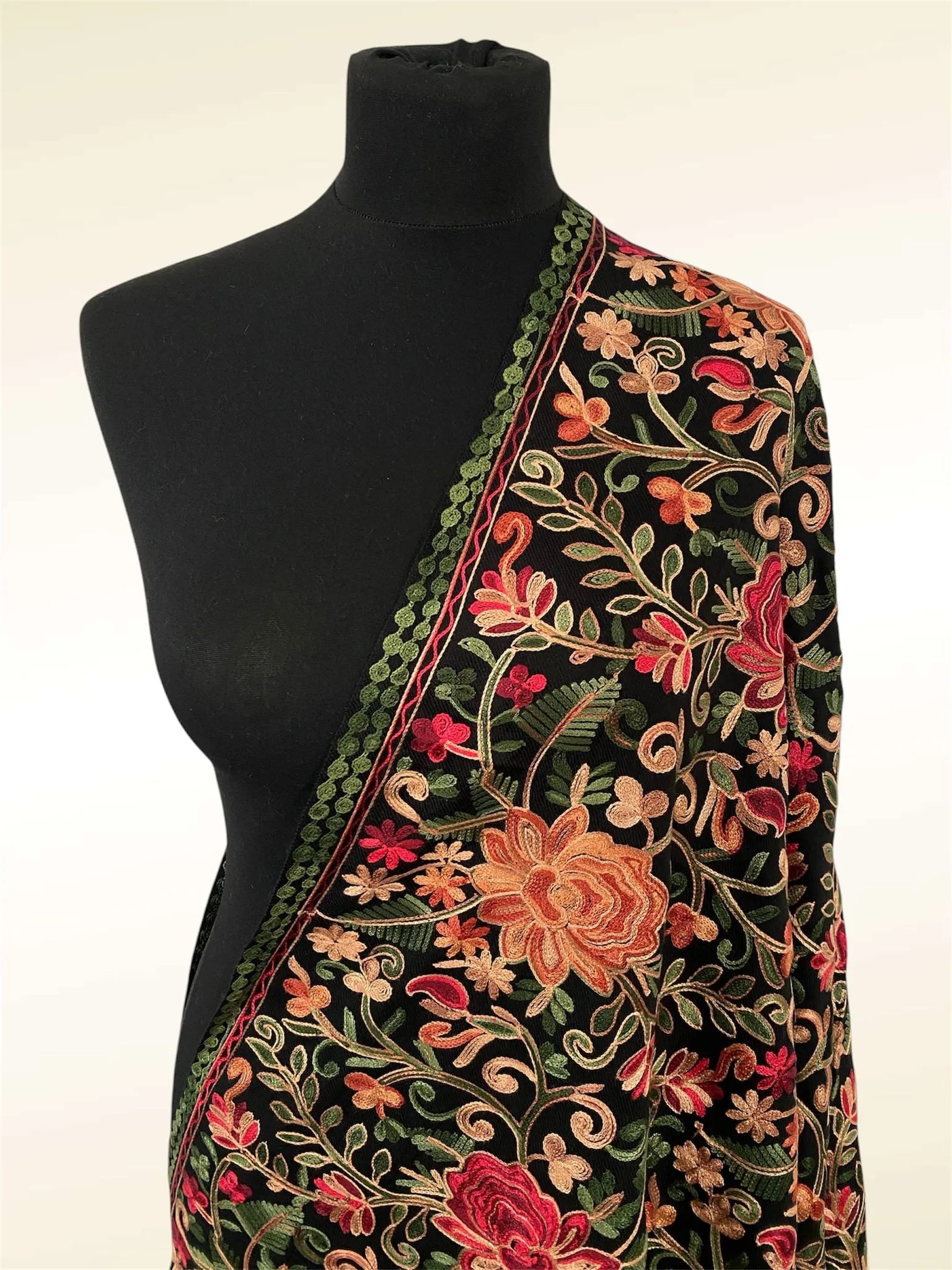 Luxury Midnight Black Pashmina Shawl – Floral Aari Thread Machine Embroidery - LoomFable