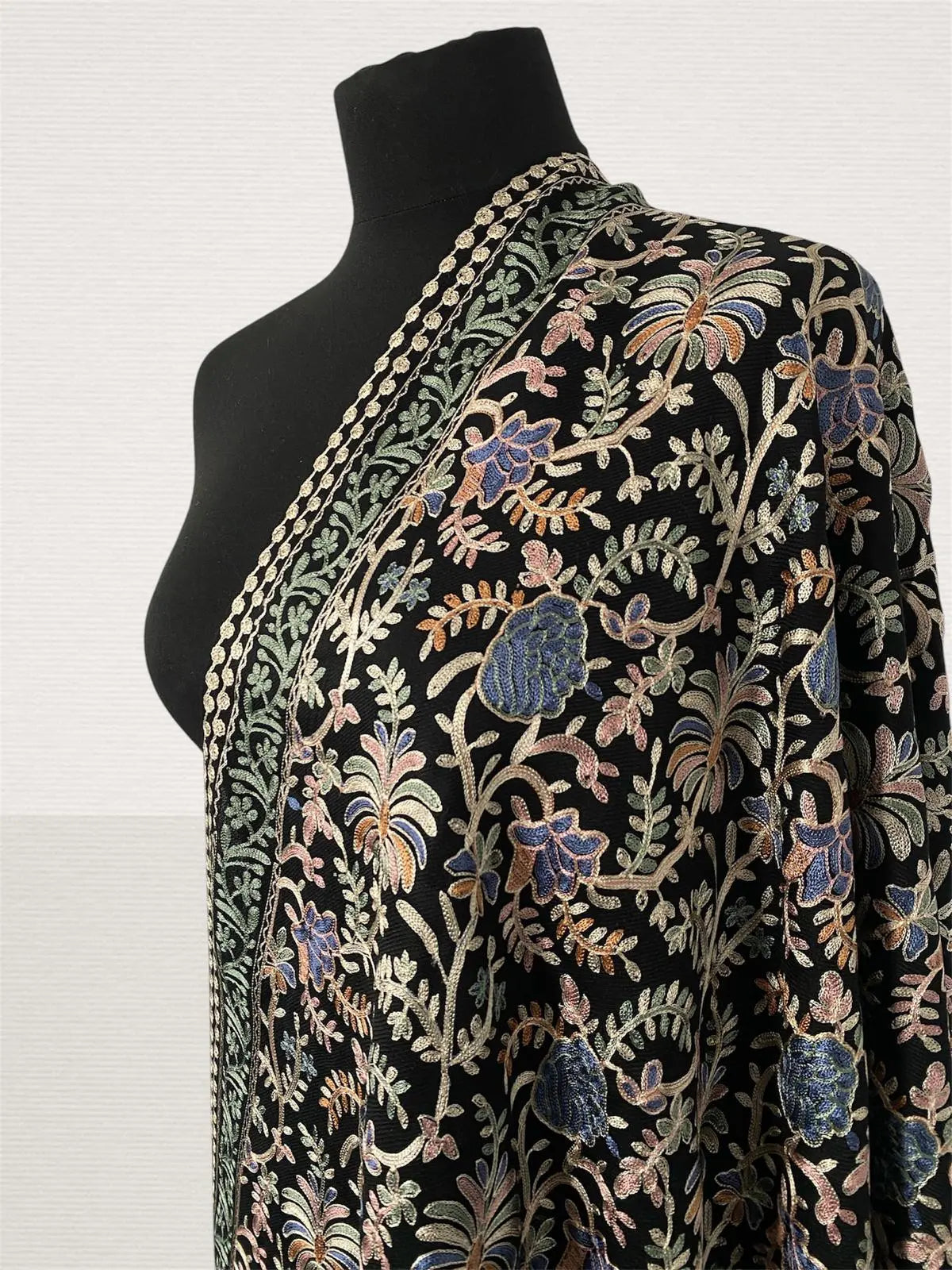 Luxury Royal Black Pashmina Shawl – Majestic Silk Thread Machine Embroidery - LoomFable