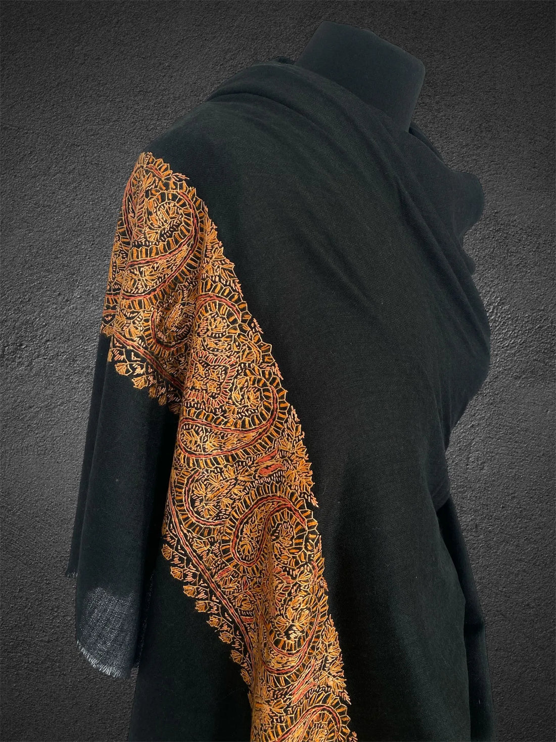 Luxury Imperial Black Toosh Pashmina Shawl | Hand-Needle Sozni Embroidery - LoomFable