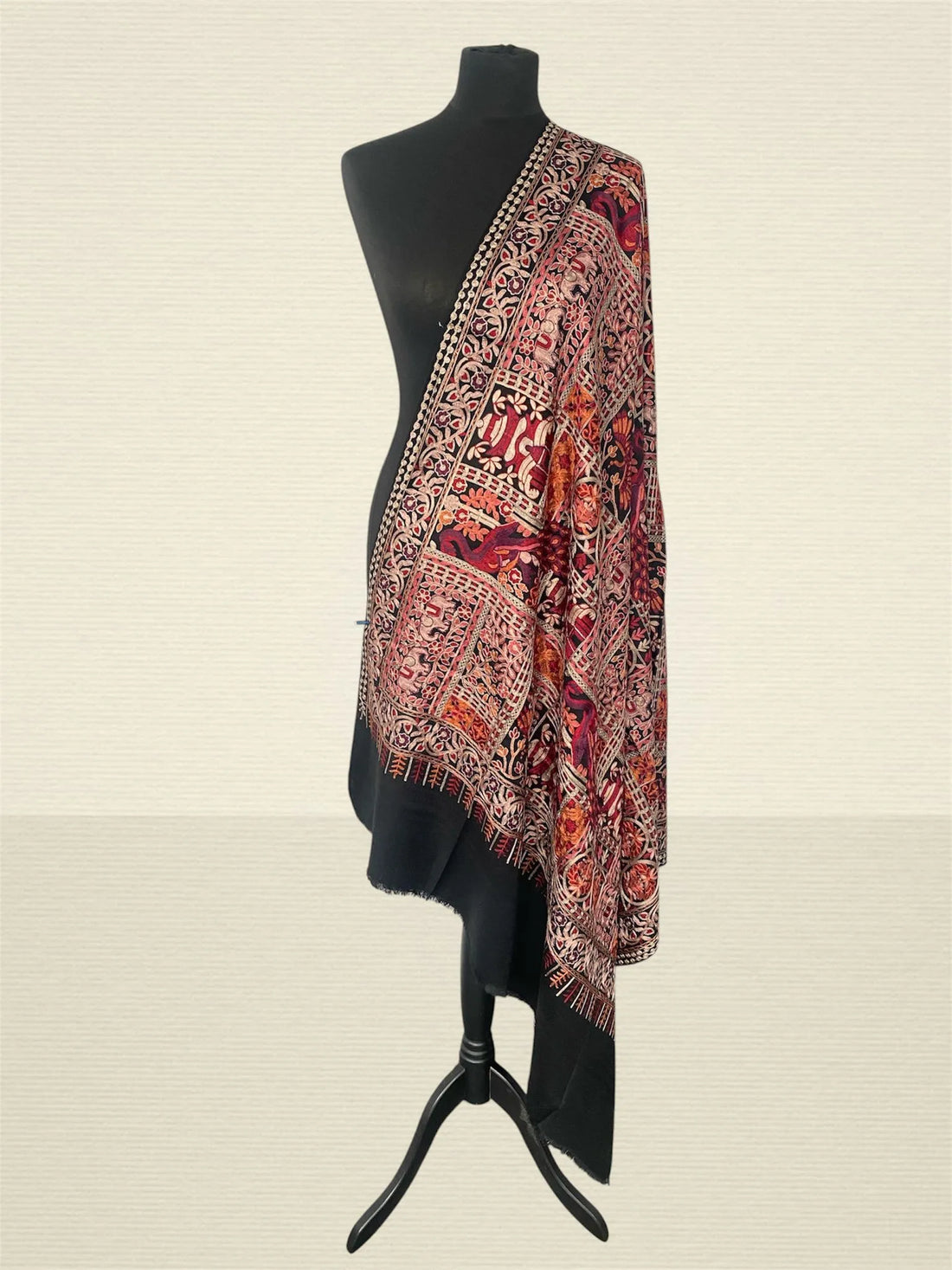 Luxury Black Pashmina Shawl – Royal Peacock & Elephant Silk Thread Embroidery - LoomFable