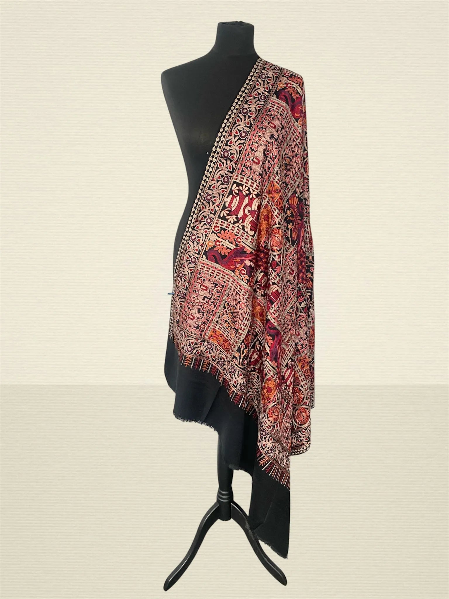 Luxury Black Pashmina Shawl – Royal Peacock & Elephant Silk Thread Embroidery - LoomFable