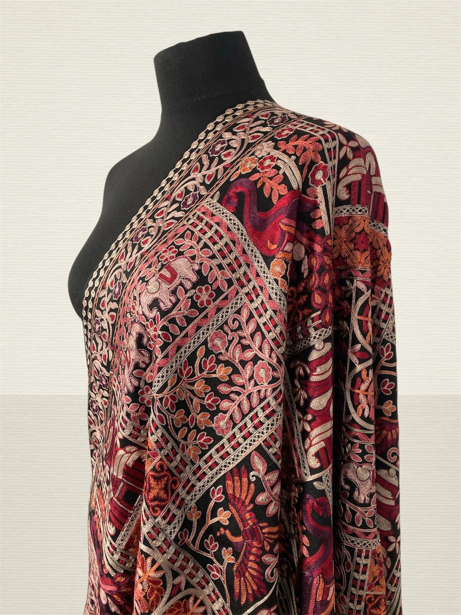 Luxury Black Pashmina Shawl – Royal Peacock & Elephant Silk Thread Embroidery - LoomFable