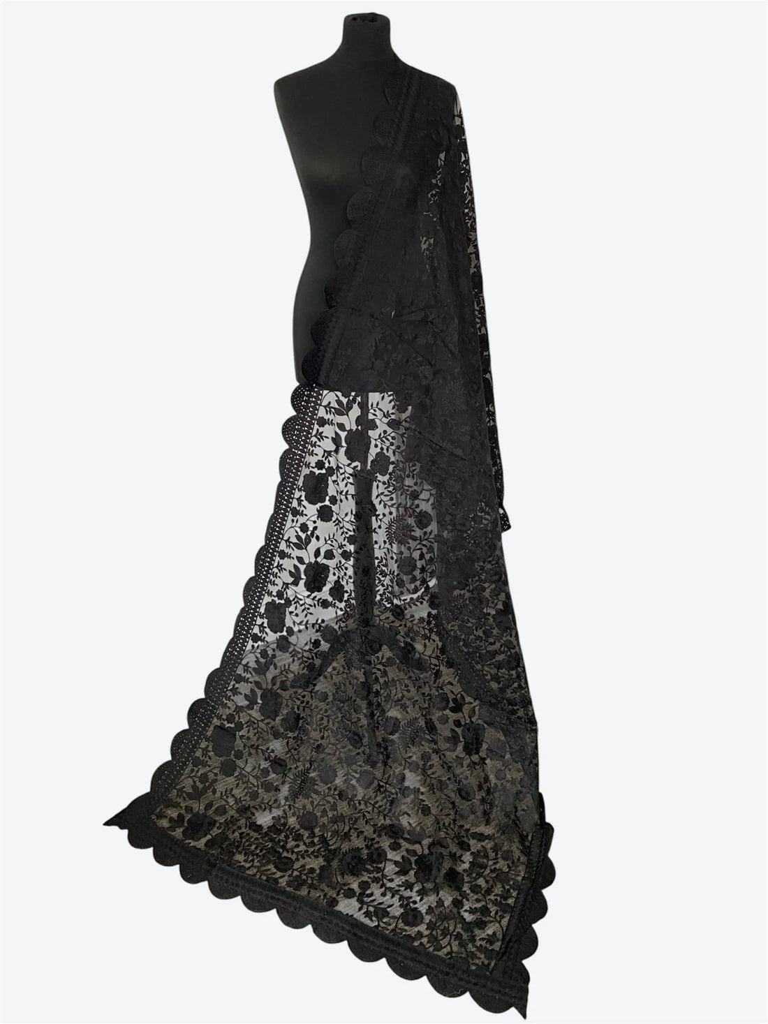 Midnight Ebony Soft Organza Dupatta | Intricate Aari Machine Embroideryshawls - LoomFable