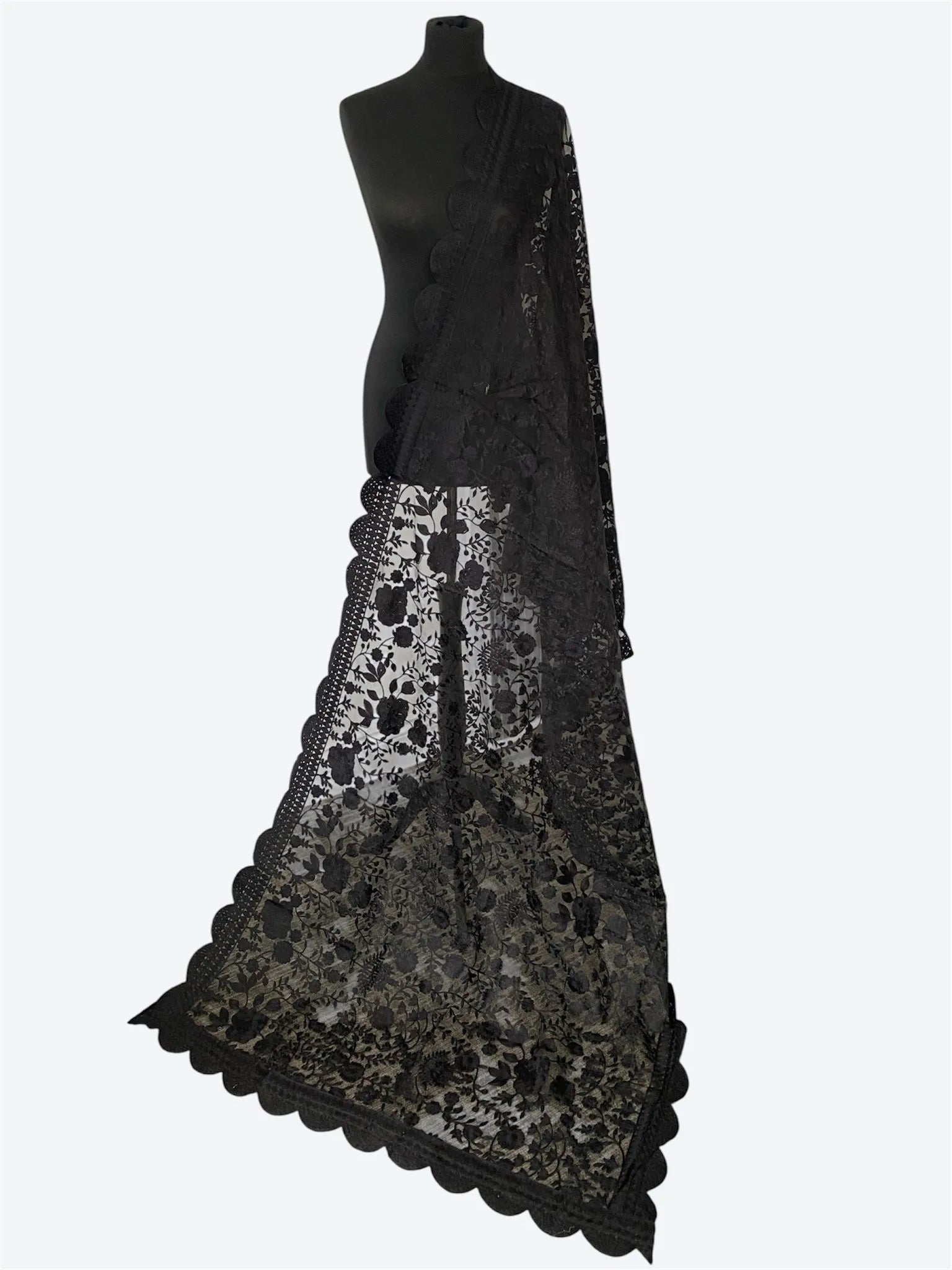 Midnight Ebony Soft Organza Dupatta | Intricate Aari Machine Embroideryshawls - LoomFable