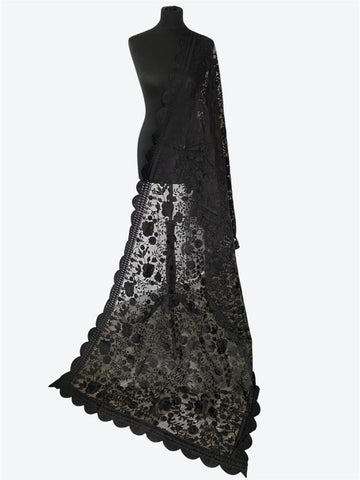 Midnight Ebony Soft Organza Dupatta | Intricate Aari Machine Embroideryshawls - LoomFable