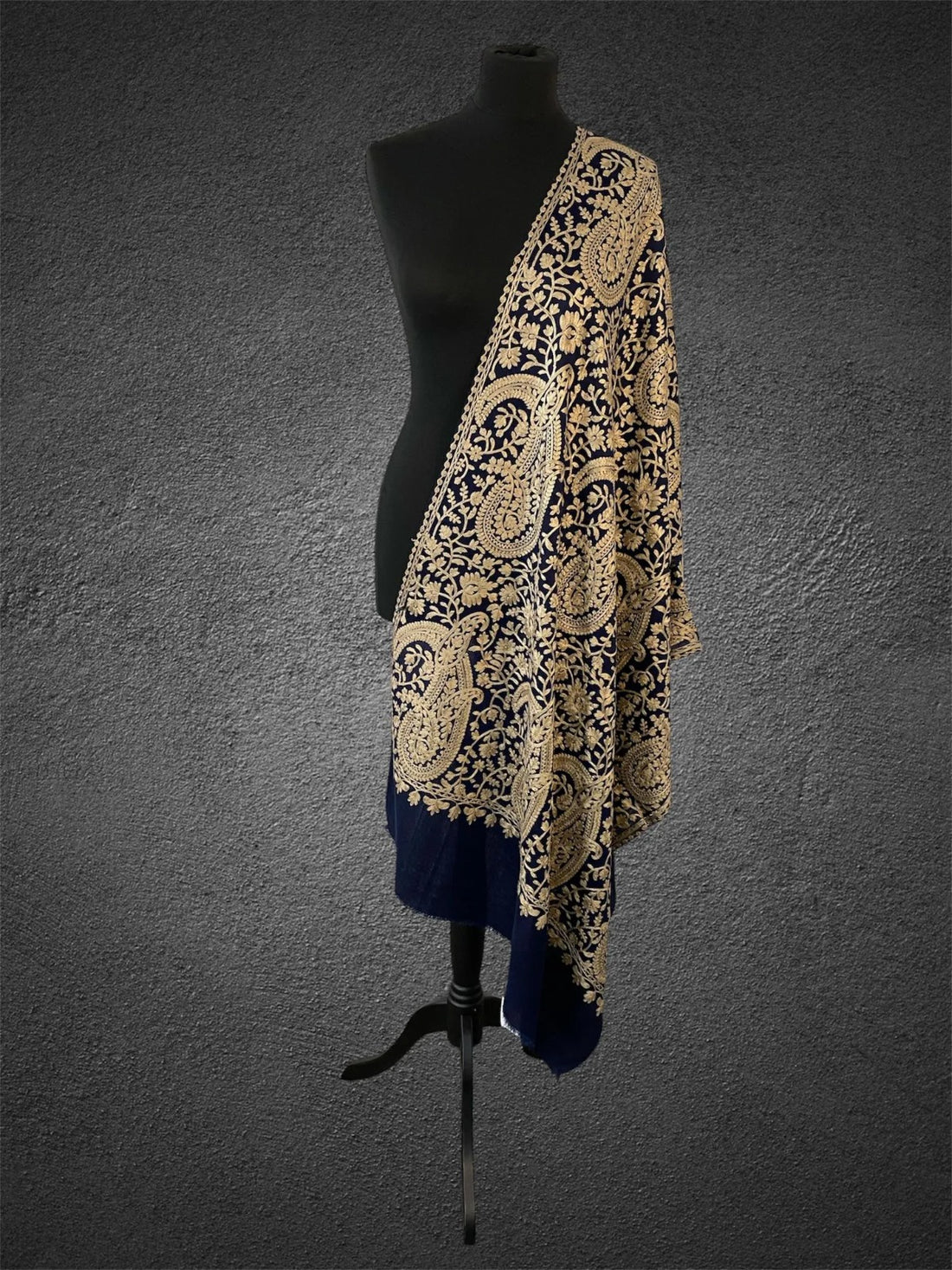 Midnight Navy & Gold Paisley Stole | Luxe Aari Machine Embroidery - LoomFable