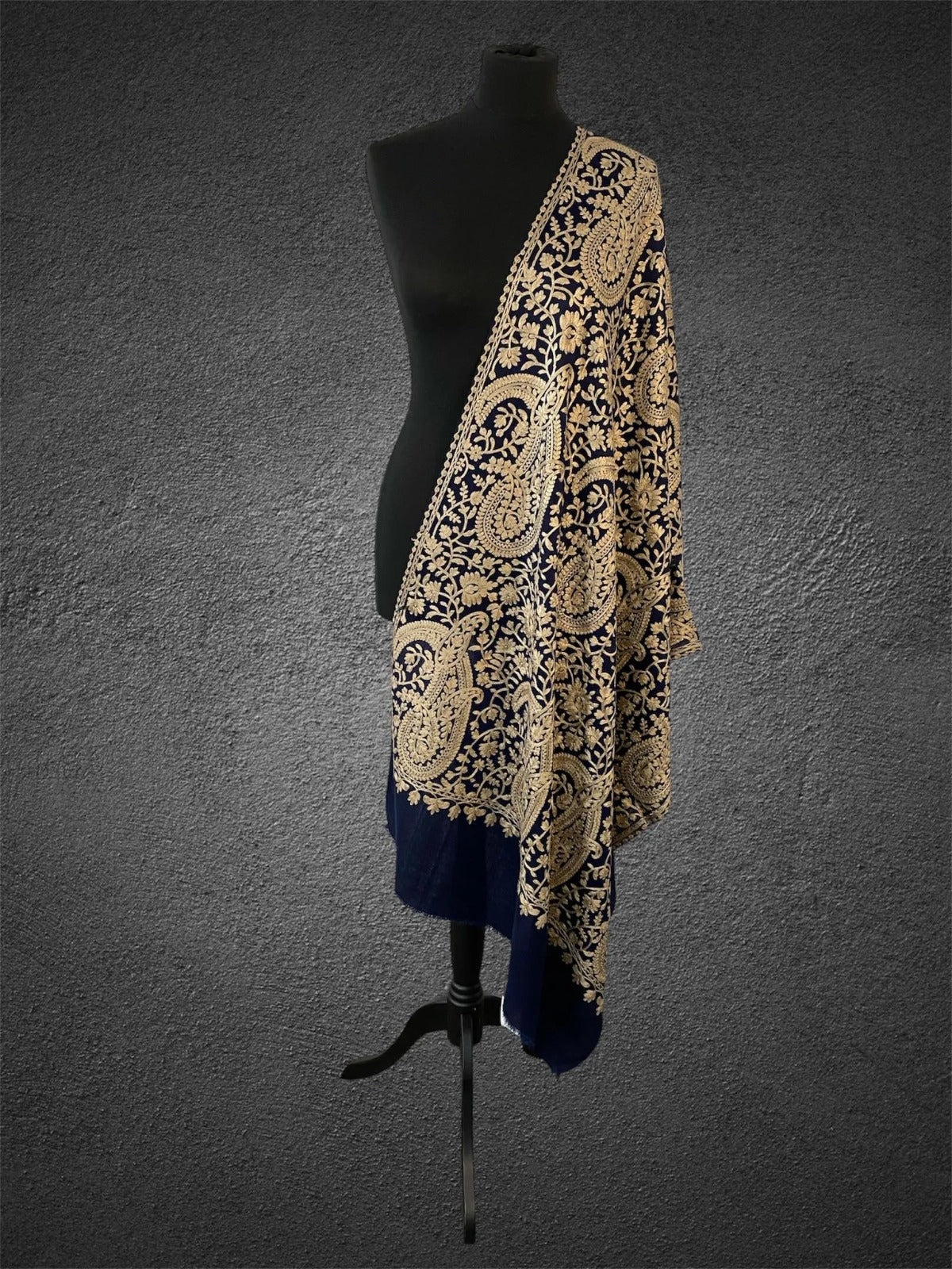 Midnight Navy & Gold Paisley Stole | Luxe Aari Machine Embroidery - LoomFable