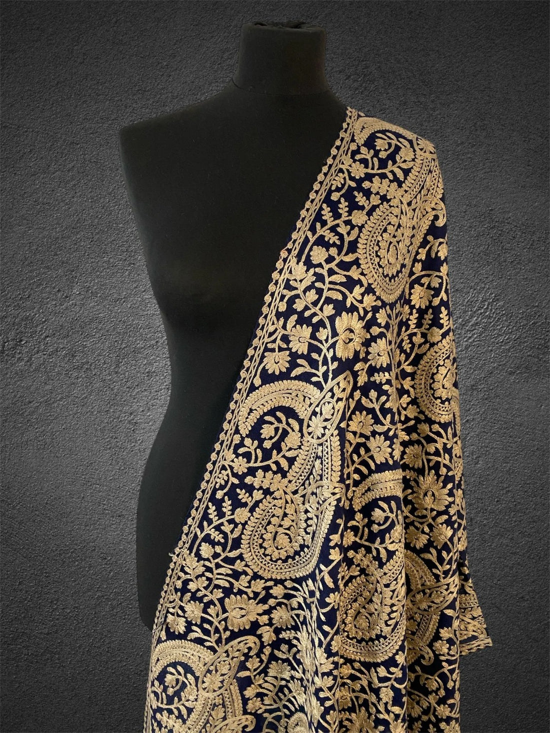 Midnight Navy & Gold Paisley Stole | Luxe Aari Machine Embroidery - LoomFable