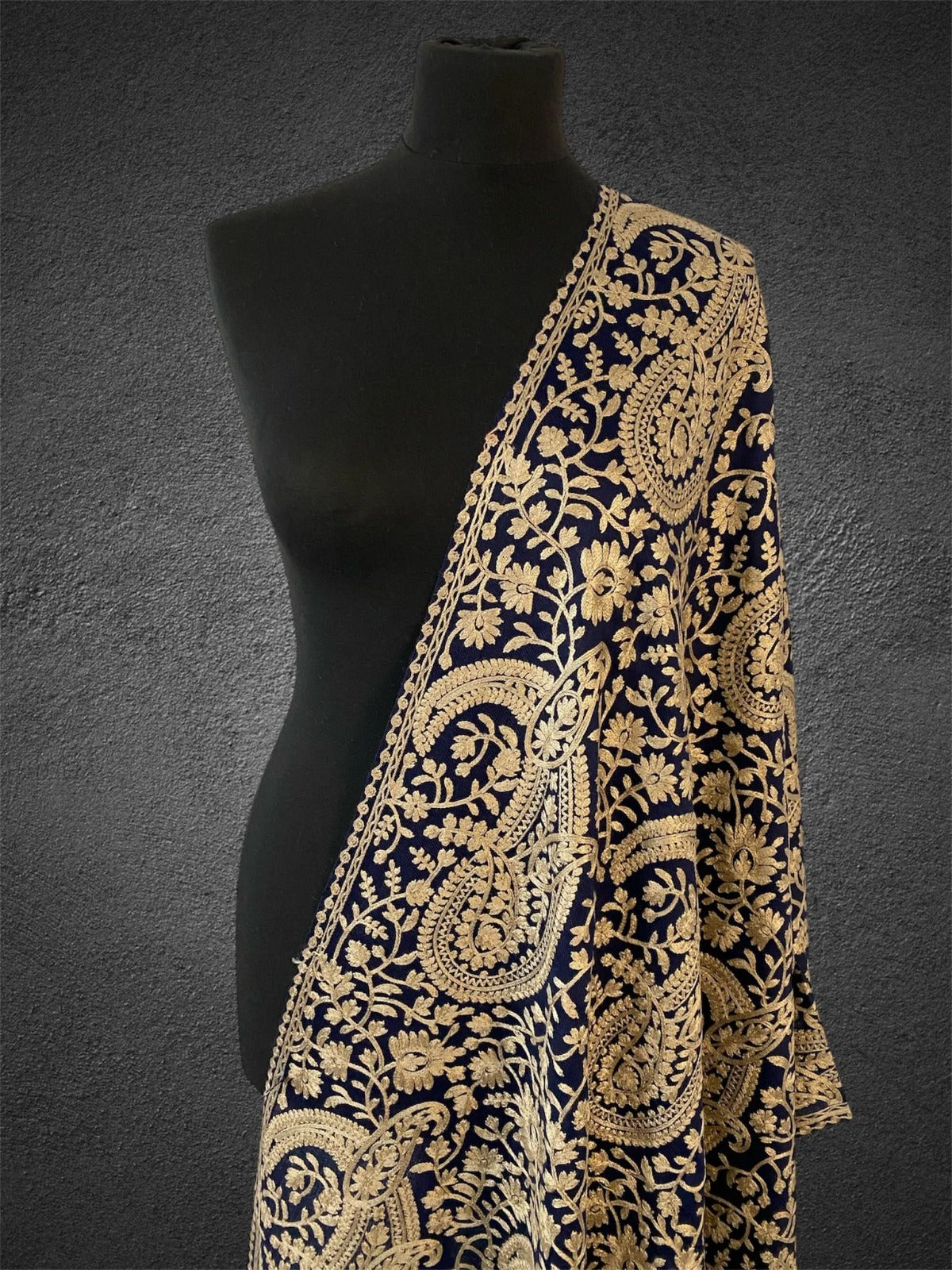 Midnight Navy & Gold Paisley Stole | Luxe Aari Machine Embroidery - LoomFable