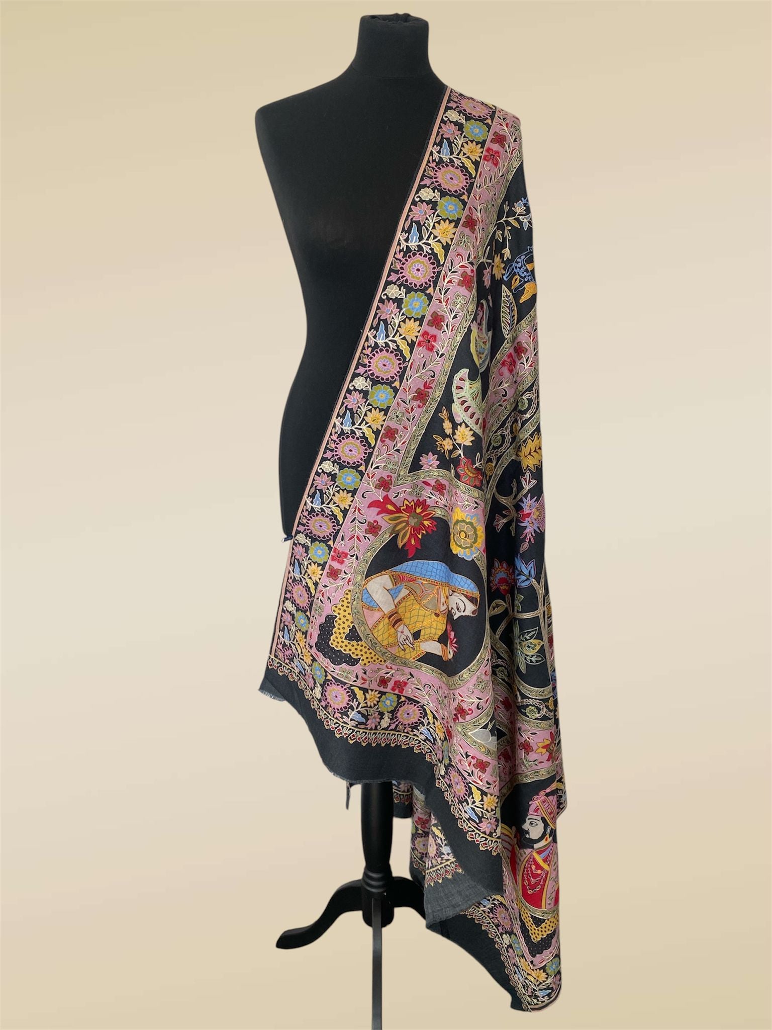 Luxury Kalamkari Toosh Pashmina | Hand-Painted & Silk Thread Outlined Embriodery Shawl - LoomFable